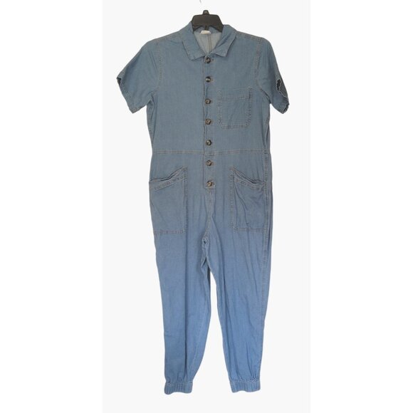 Denim Jumpsuit Juniors XL Button Front Elastic Cuffs No Boundaries Pockets Short - Picture 5 of 8